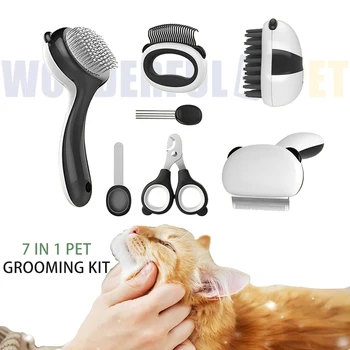 Wonderfulpet Pet Hair Grooming Tool Set Nail Clipper Detangle Shedding Comb Deshedding Massage Slicker Cat Brush Kit