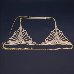 Sexy Butterfly Rhinestone Chain Body Lingerie Set Jewelry for Women Crystal Gold Heart Body Chain Bra and Thong Harness 0836