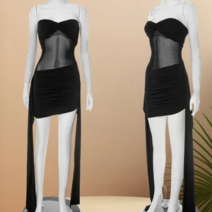 Viviblook C25DS152 New Elegant Strapless See Through Ribbon Mesh Patchwork Dresses for Women