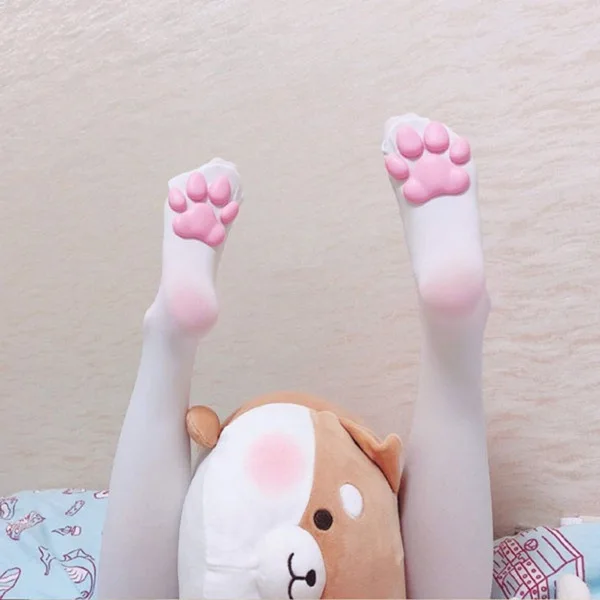 Women's 3D Cat Paw Tights Cute Lolita Thigh High Socks Stocking Anti-Embolism Transparent Nylon Knitted