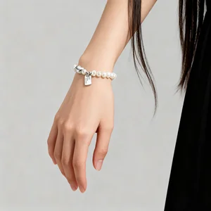 Natural Baroque Pearl Bracelet with Silver Bean Engraved Elegant Handmade Jewelry for Women Unique Gift