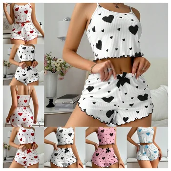 Hot-selling ladies' home wear love print halter shorts casual pit strip can be worn outside women's pajamas