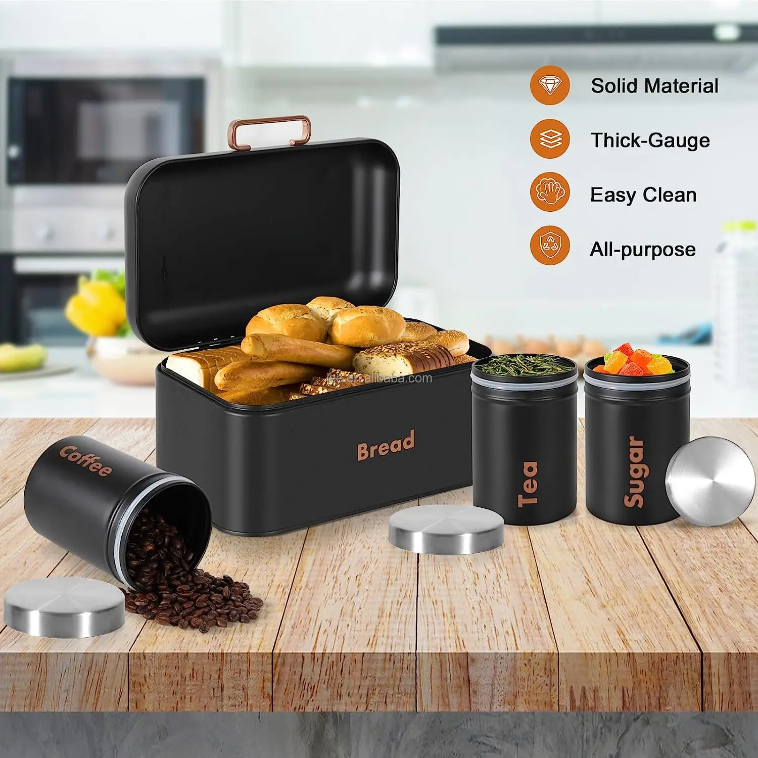 Metal Farmhouse Kitchen Black Bread Bin And Canister Set Storage Box