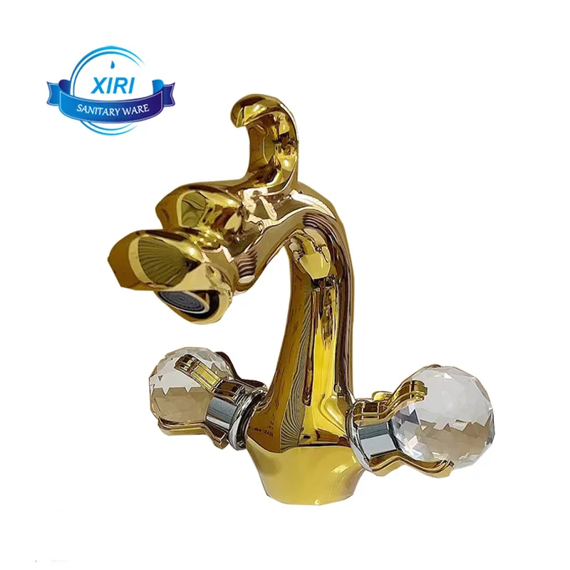 Bathroom Double Handle Gold Dragon Crystal Basin Faucet Washbasin Hot and Cold Water Deck Mount Mixer Tap XR7903