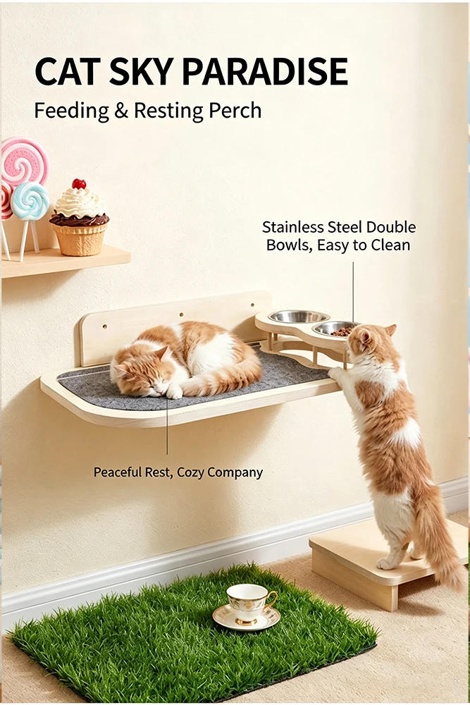 product wall hanging wooden cat furniture combination sleeping platform double feeder bowl wall scene decor multi function-3