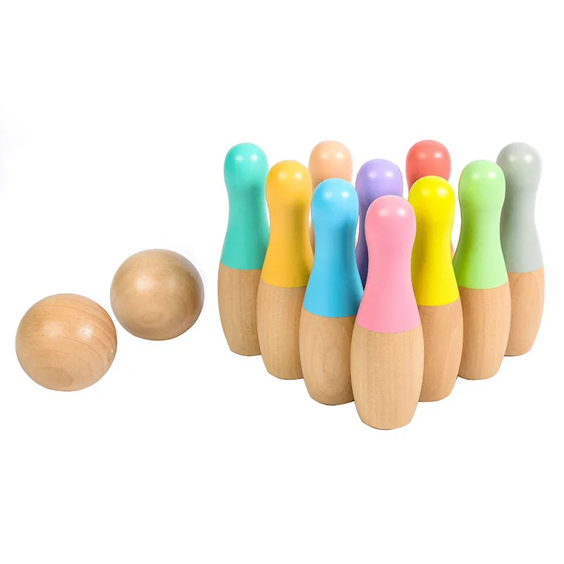 Ensemble de quilles de bowling en bois marron coloré personnalisé pour enfants, jeu de bowling de plein air, jouet pour garçons et filles CPC