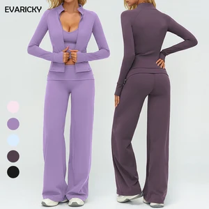 Evaricky Customized Fitness Clothing Yoga Wear 3 Piece Yoga Tank Top Flared Leggings High Elasticity Sports Outfit Gym Set