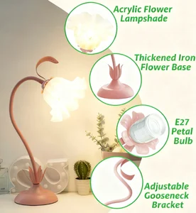 JACKSUN Flower Table Lamp LED Reading Light Acrylic Lily Lamp Shades Bedside Soft Light Desk Lamp Bedroom Decor Lighting