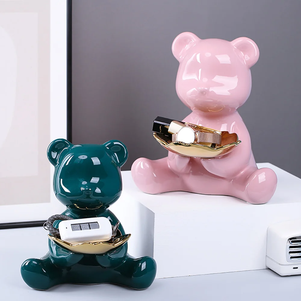 セラミック動物の置物クマの彫刻収納メタルトレイリビングルームの