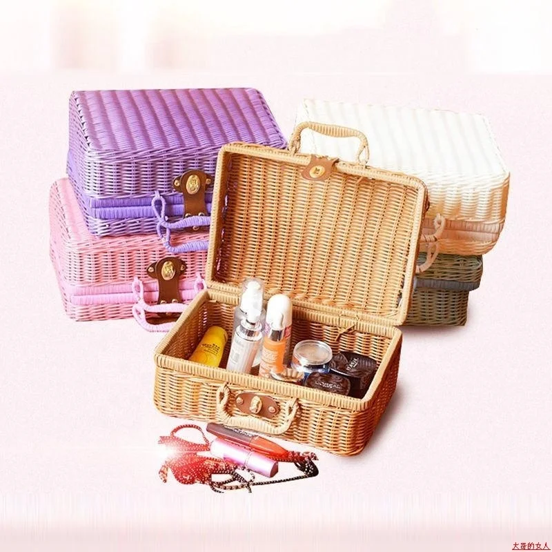 Vintage Weaved Picnic Basket Stackable Soft Rectangular Woven Storage Plastic Rattan Suitcase with Lid