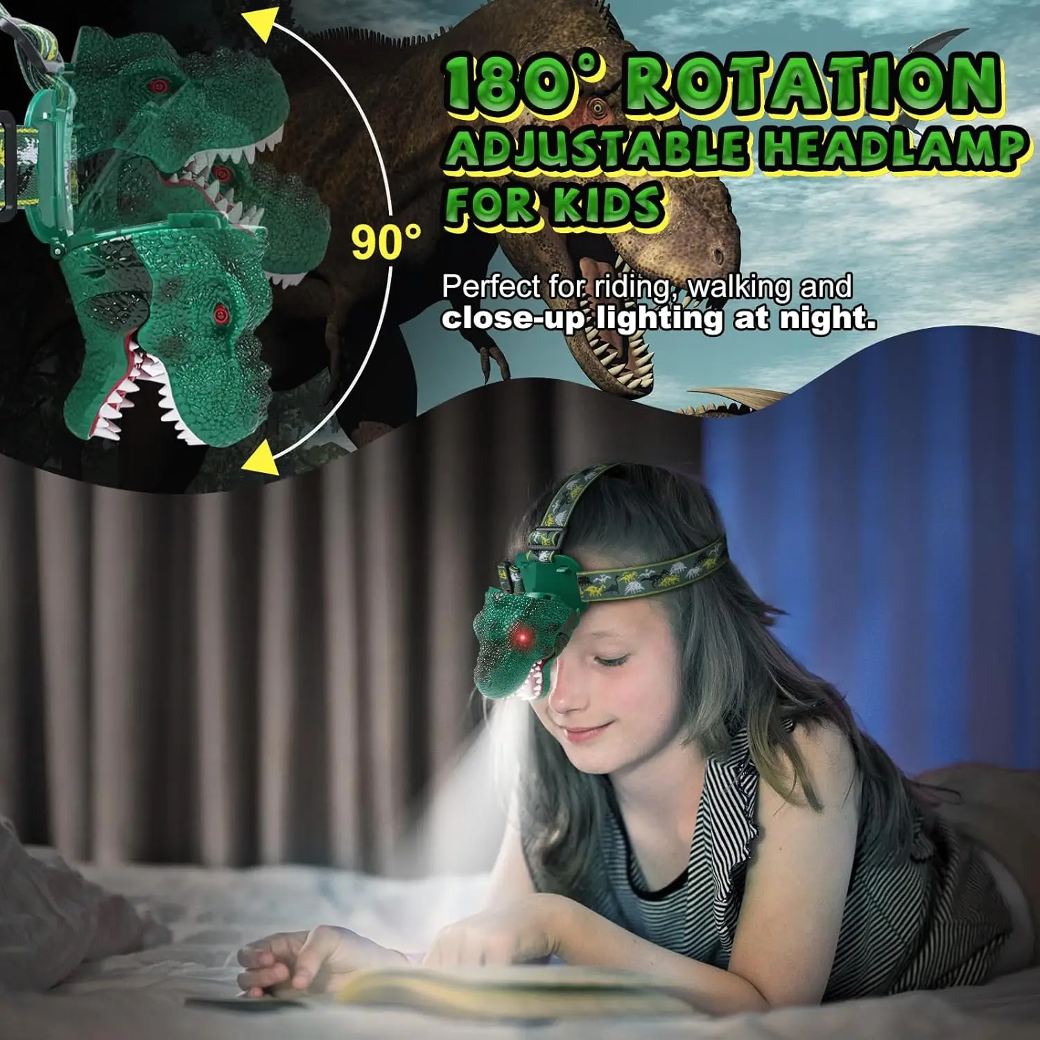 Dinosaur Flashlight Rechargeable Led Headlights Roar & Silent Mode Camping Gear Gifts for Boys Girls Adults Headlamp for Kids