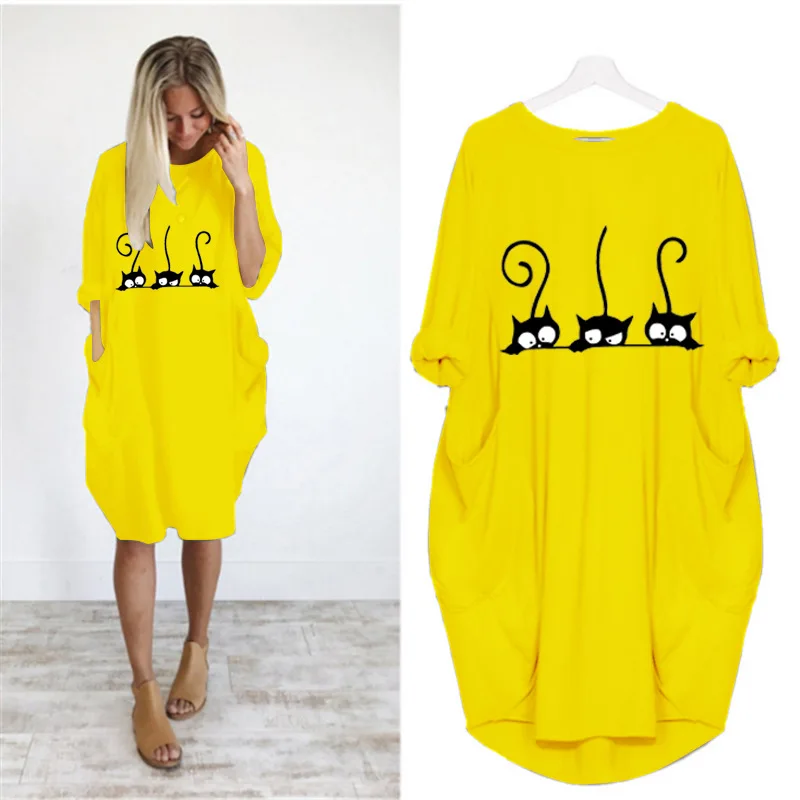 JiaMa Black Women's Long Sleeve Loose Tunic Dress With Pockets - Oversize Cotton XX-Large