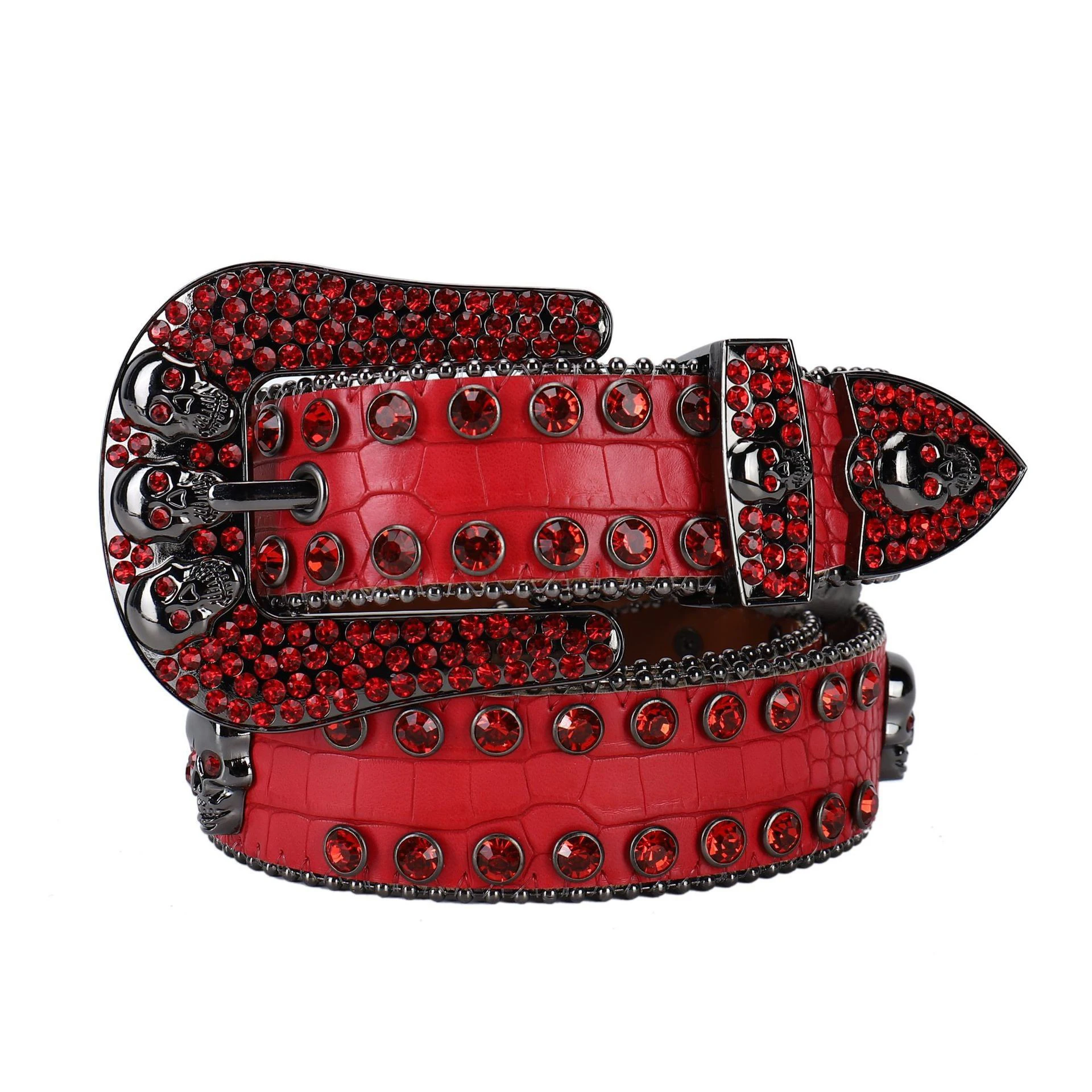 Designer Belt Men Red Rhinestone Belt Skull Head Button