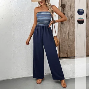 off Shoulder Elegant Jumpsuit Rompers Casual Jumpsuit with Elastic Splicing and Striped Playsuits