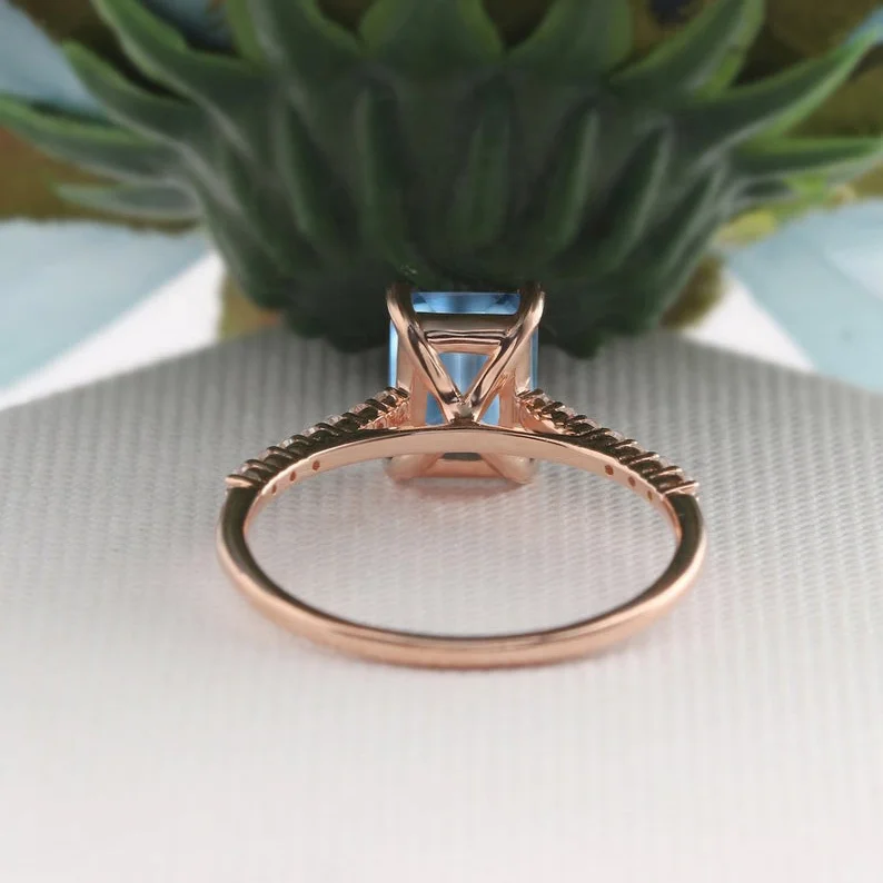 925 Silver Emerald Cut Halo Swiss Blue Stone Engagement Ring