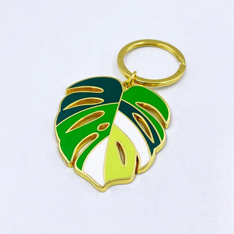 product nature green metal leaf key ring gold hard enamel monstera leaf keychain-1