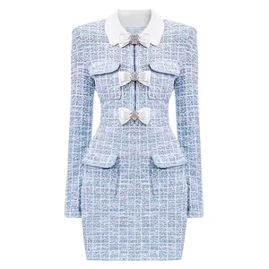 AELESEEN Luxury Short Knitted Evening Dresses Women Autumn Winter Crystal Bow Long Sleeve Beading Party Vestidos Mini Blue Robe