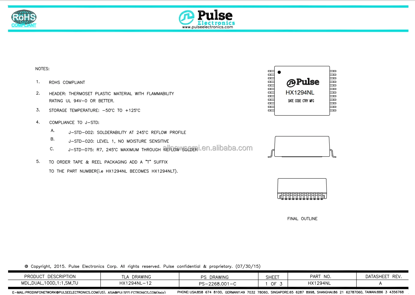 Hot sale Original HX1294NL Transformer MODULE XFRMR LAN 10/100 SMD 325uH LAN Base-T Pulse Transformer 1CT Surface Mount