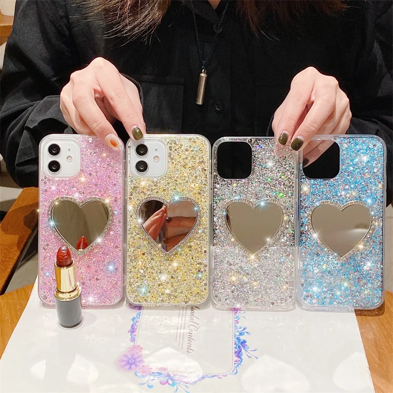 Luxury Diamond Marble Love Makeup Mirror Phone Case for iPhone 14 13 Pro Max 12 11 6 S 7 8 Plus X XR XS Max