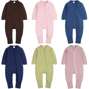 Unisex Zip Front Solid Color Double Zipper Long Sleeve Rompers Bodysuits Pajamas Baby Jumpsuit