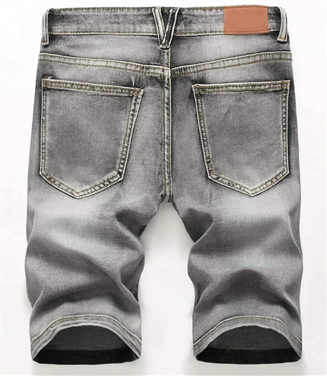 Ripped Gray Slim Fit Denim Shorts For Men Knee Length Men's grey Jeans Shorts260_voghion.com