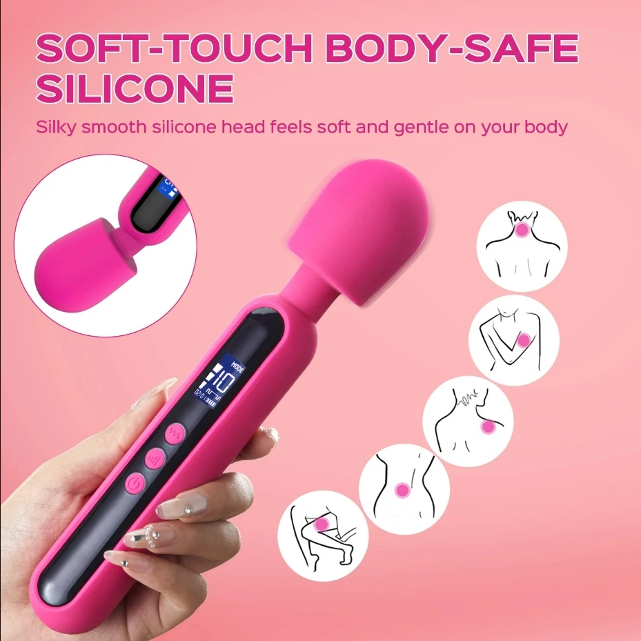 Rose Red Powerful Massage Tool Quiet Motor Percussion Cordless Wand Handheld Massager Vibrator Women Adult Sex Toys with Display