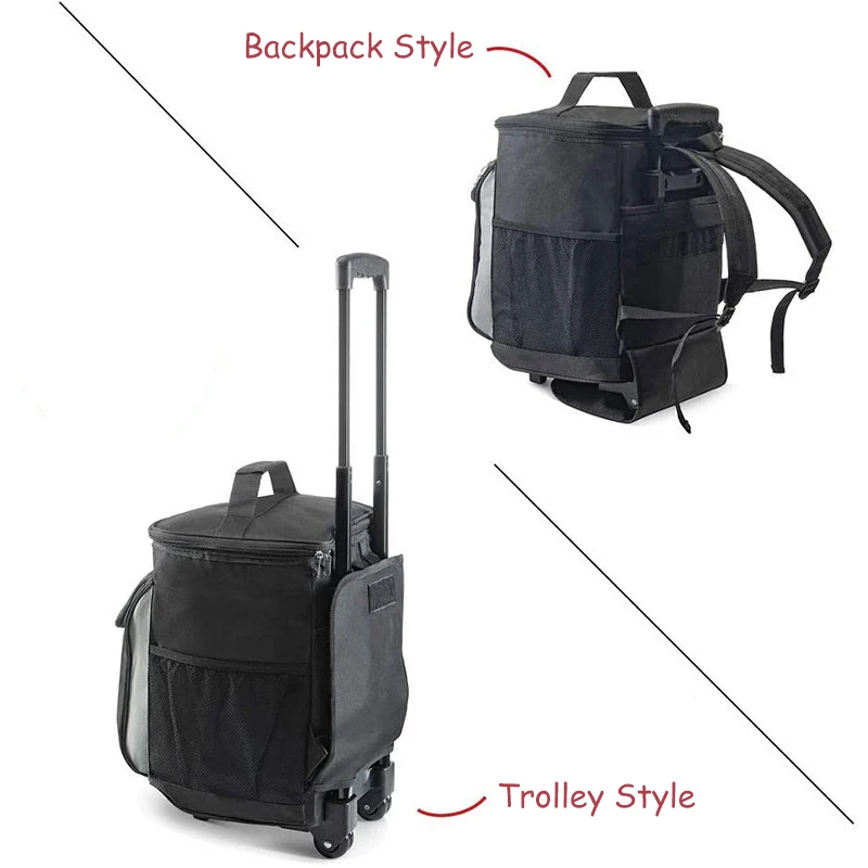 Promotional Travel Big Capacity Multifunctional Aluminum Thermal Backpack Bag Wine Cooler Carrier Bag on Wheels
