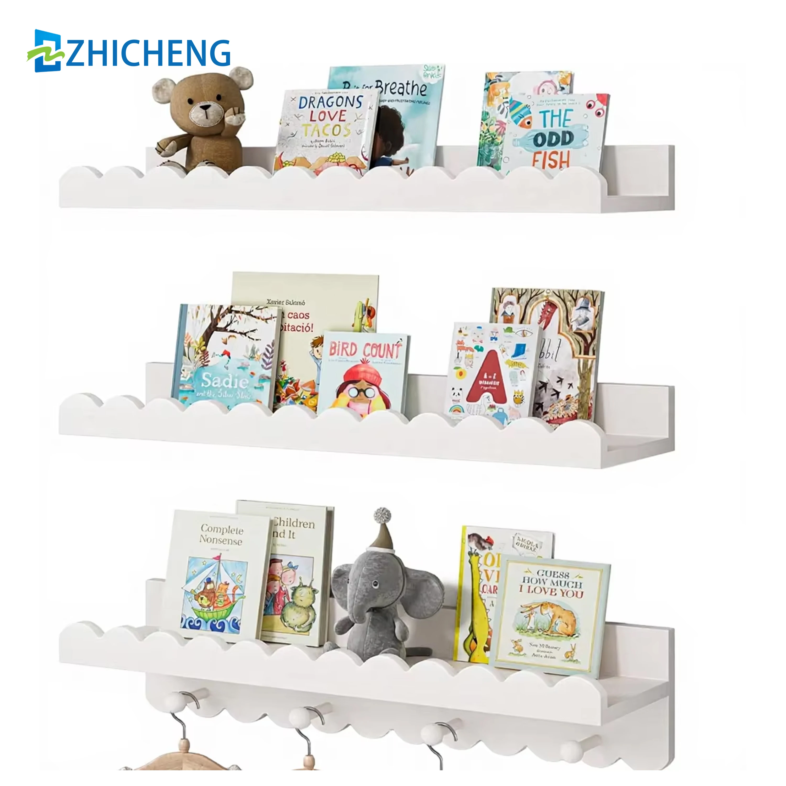Nursery Book Shelves Space-Saving Modern Decorative Design with Scalloped Shelves and Coat Hooks Set of 3