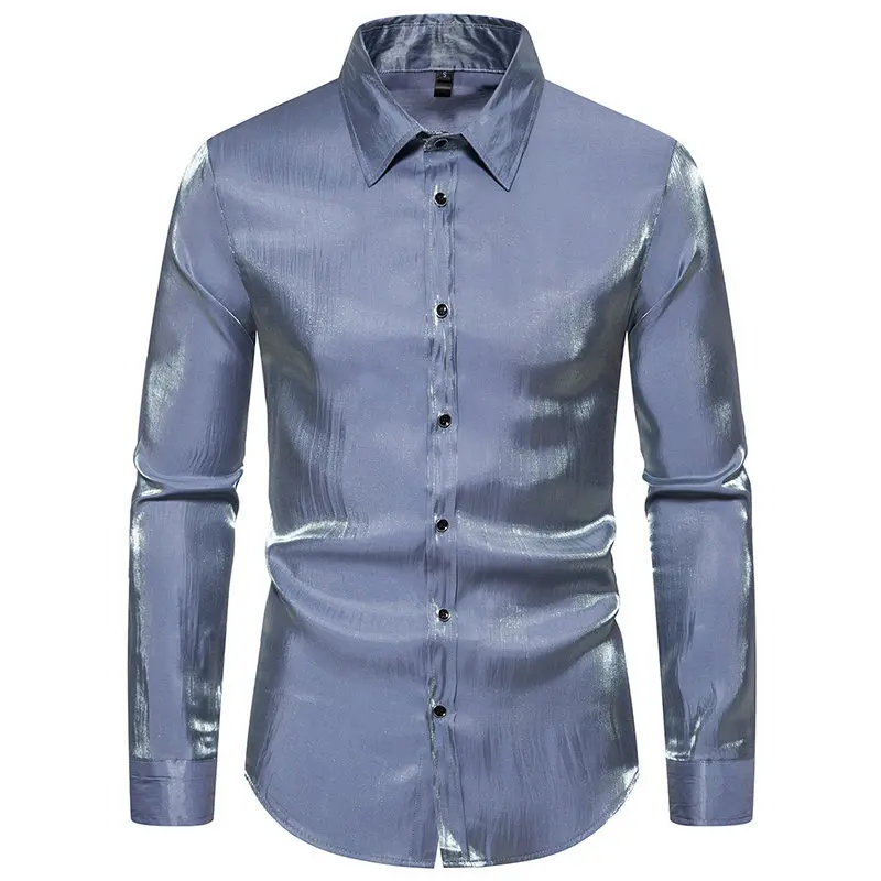 Hemden für Herren, ausgefallenes, langärmliges Hemd, glänzendes Seidensatin, metallisches Button-Down-Hemd, Rave-Disco-Party-Club-Hemd Tops360_voghion.com