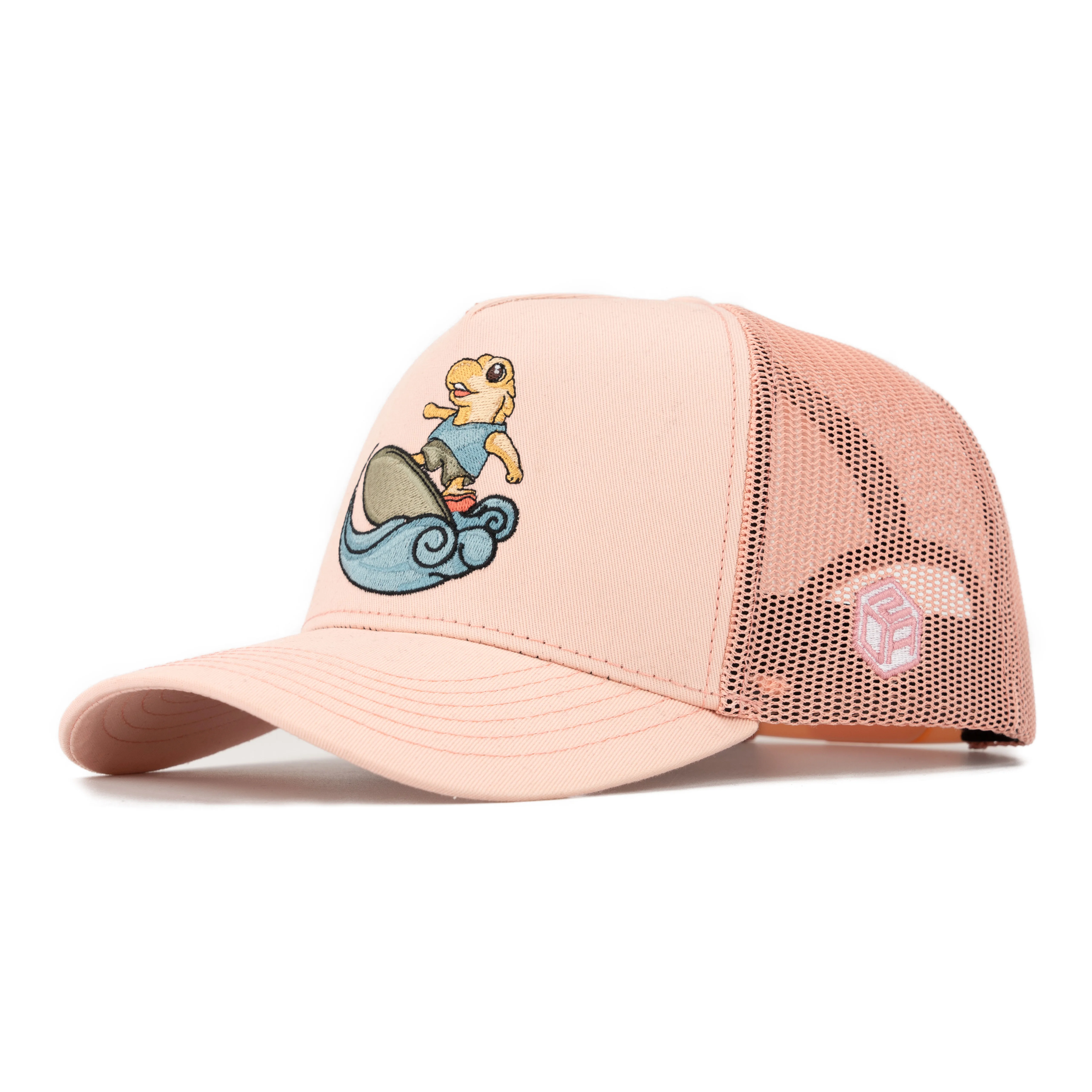 TCAP China Custom 5 Panel Cotton Fabric Cap Flat Embroidery Pink Trucker Hat