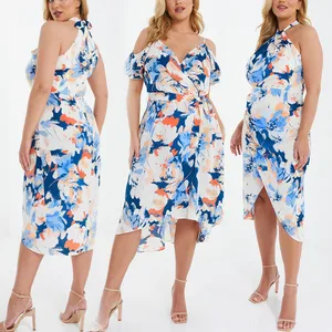 Manufacturer Wholesale High Quality Chiffon Polyester Floral Printed Puff Sleeve Slip Ruffle Midi Boho Custom Dress for Women