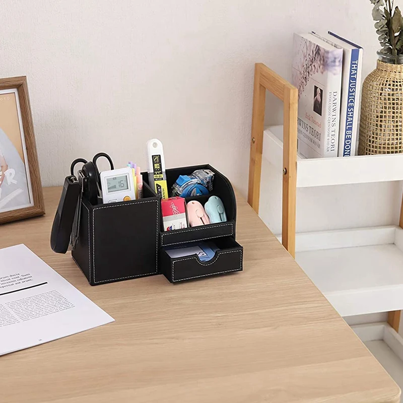 Кожаный многофункциональный настольный органайзер для канцелярских принадлежностей, коробка для хранения, ручка с дистанционным управлением, держатель с маленьким ящиком, черный