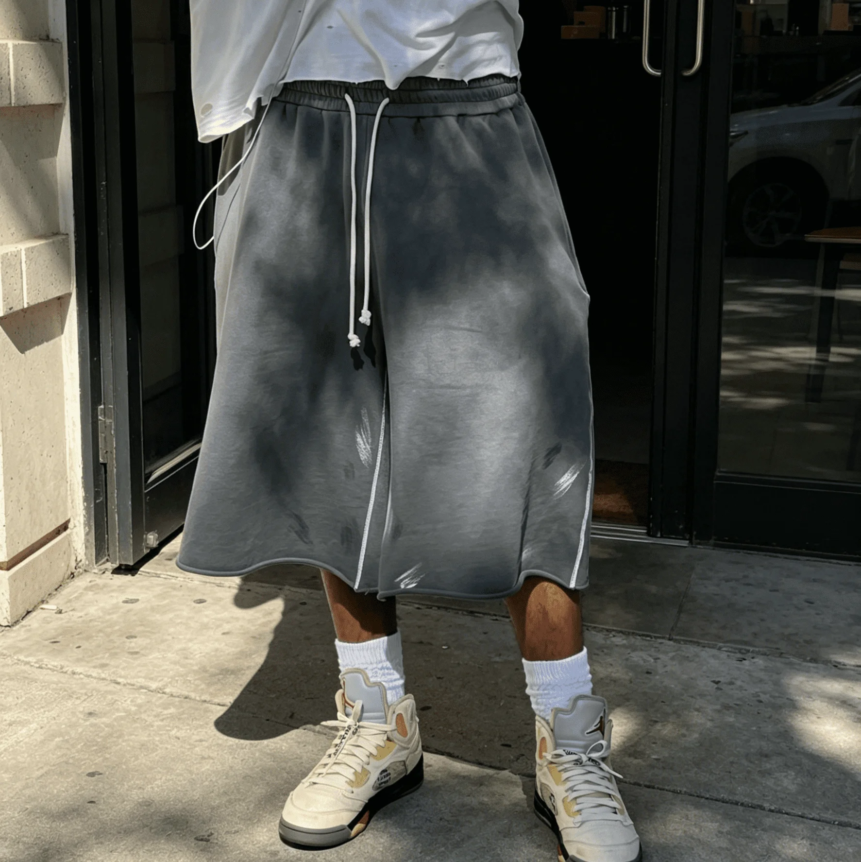 Wholesale Custom Logo Mens Grey Acid Washing Baggy Drawstring Raw Hem Basketball Streetwear Hip Hop Summer Sports Shorts gallery 3