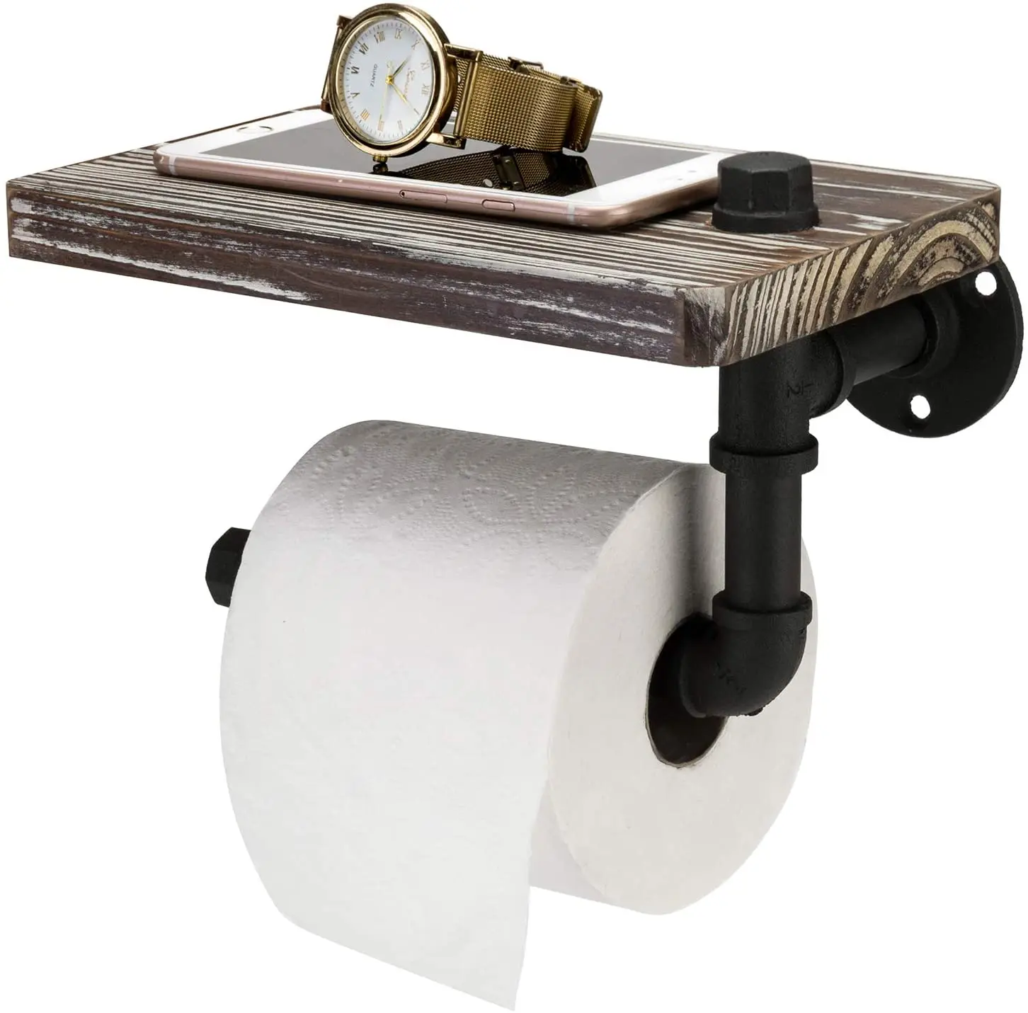 Delong Industrial Toilet Paper Holder with Wooden Shelf Metal Wall Mounted Storage Iron Pipe Tissue Roll Hanger 