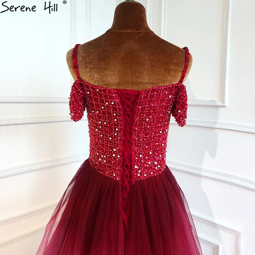 Wine Red Beaded a Line Evening Prom Dresses Serene Hill LA70768 Short Sleeves Formal Party Gowns for Women