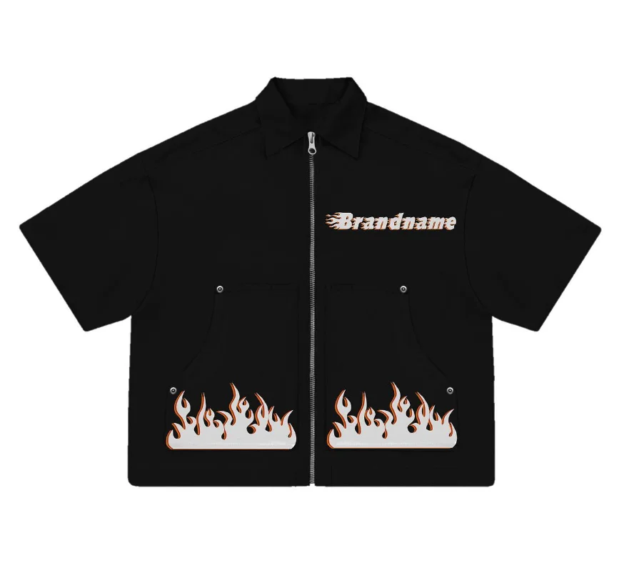 Custom Vintage Mens Crop Top Boxy Fit Zip Up Collar Shirt Oversized Sweat Zip Up Work Short