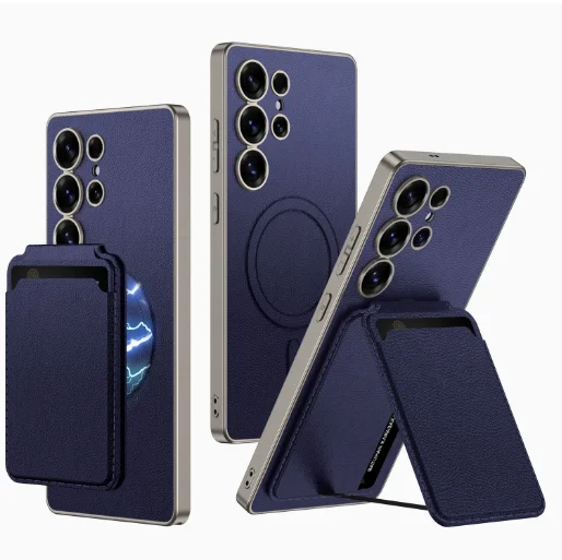 Factory Wholesale Business Plain Leather Built-in Magnetic Charging Card Holder Phone case for Samsung S25 S24 S23 ultra
