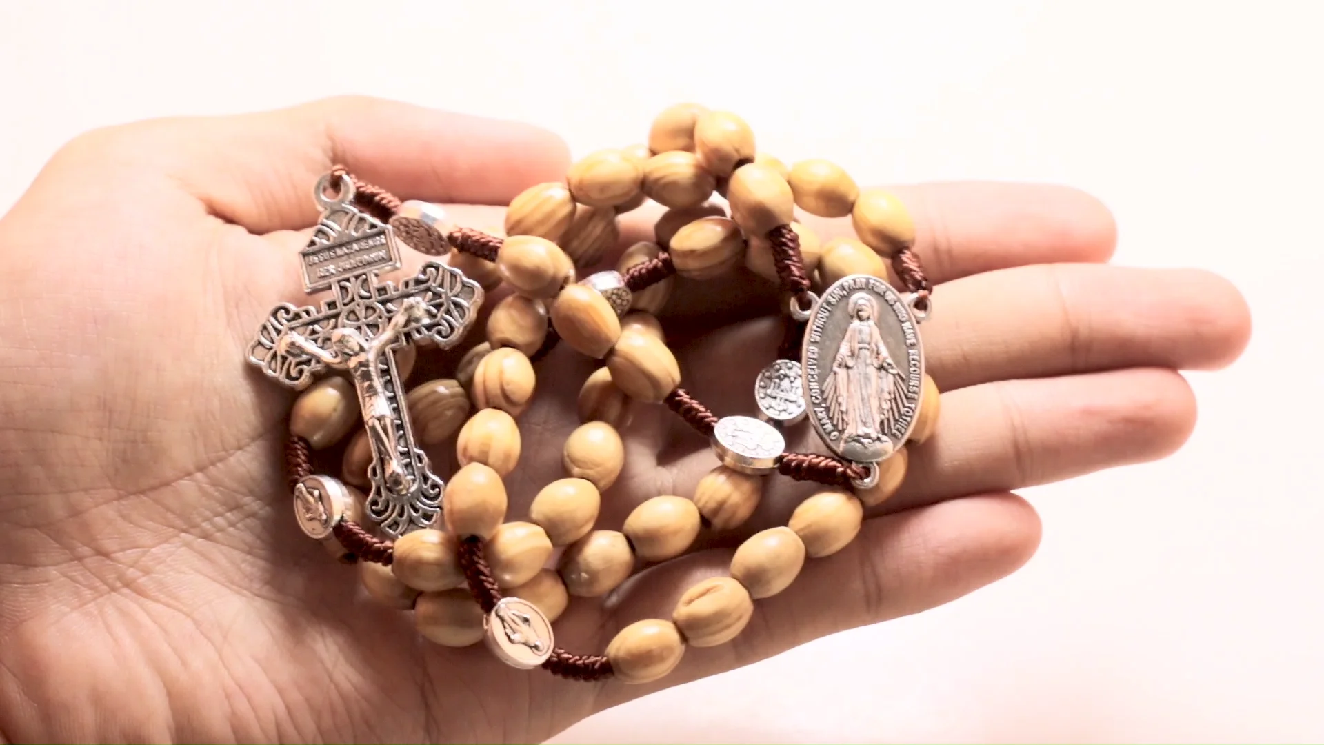 8*10mm Light Brown Wooden Beads Woven Knot Catholic Virgin Mary Rosary Charm Necklace Religious