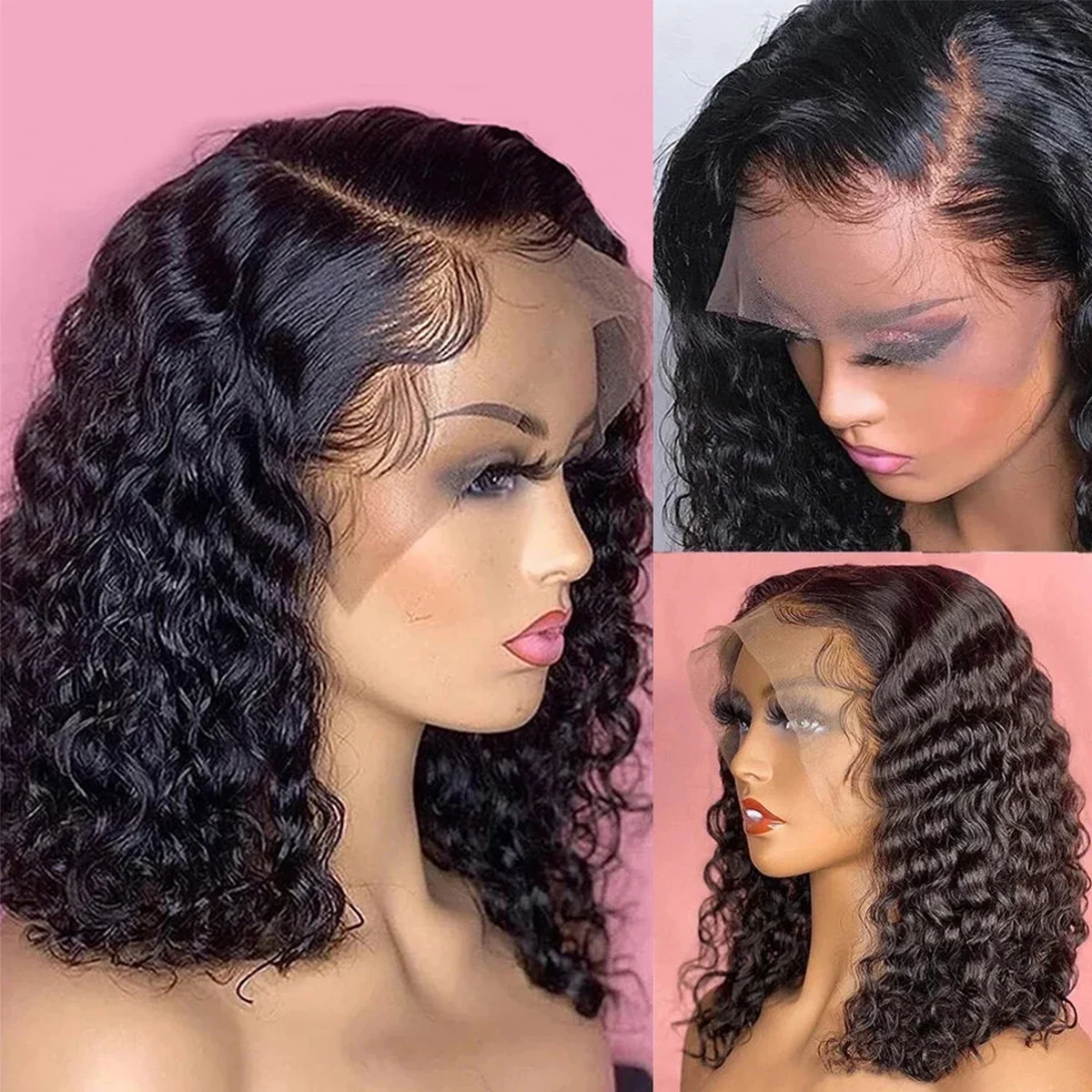 Deep Wave Bob Wig 180 Density T Part Lace Frontal Human Hair Peruvian Remy Curly Short Bob Wig_voghion.com