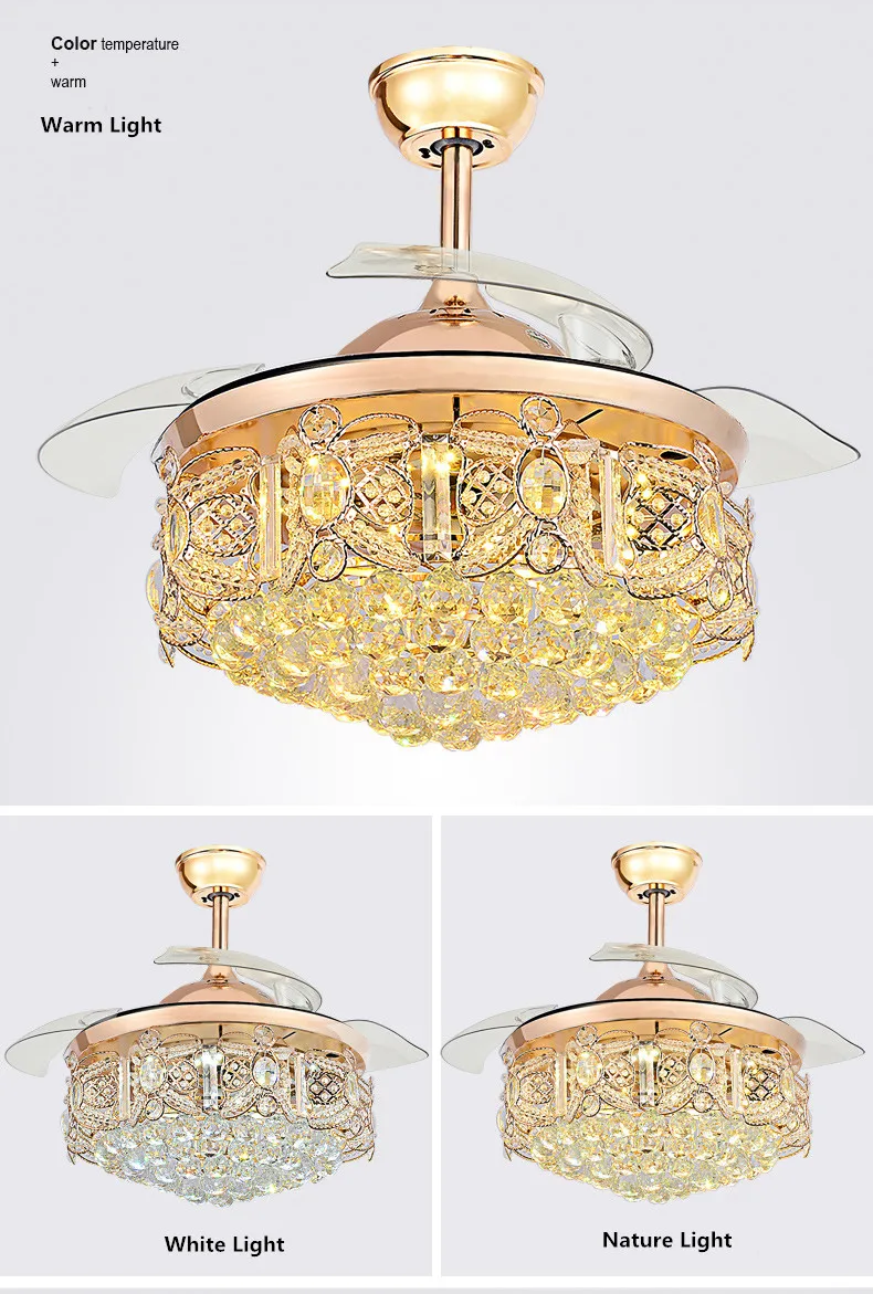 Decorative Lighting Led Modern Ceiling Fan with Hidden Blades Led Lights K9 Crystal Gold Color Fan Chandelier