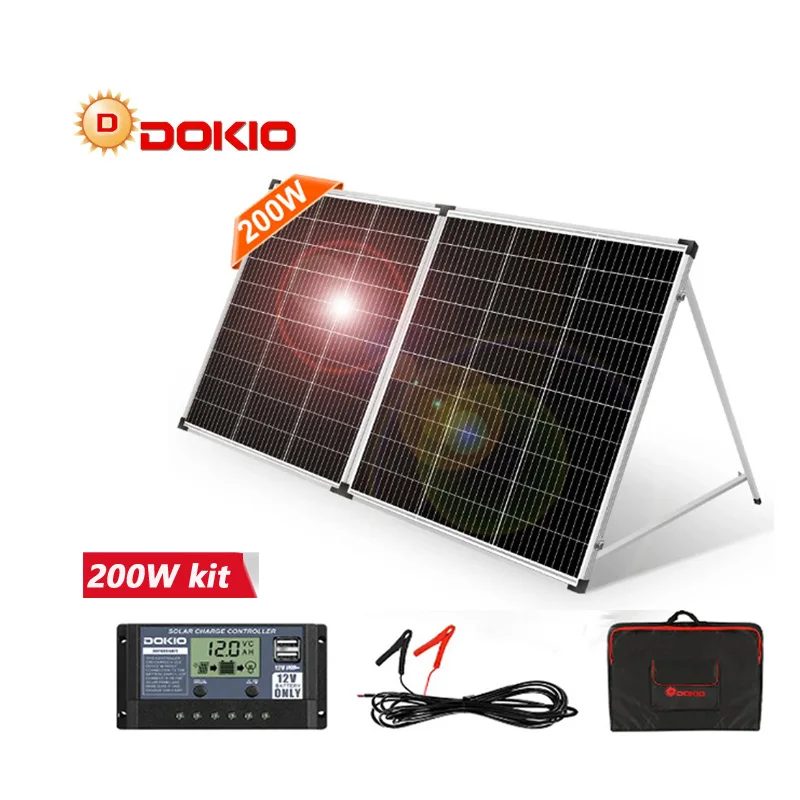 Free Shipping Dokio USA STOCK 18V 200W Rigid Foldable Solar Panel 18V 20A 12V Controller Panel Solar Easy to Carry for Camping