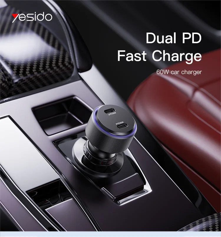 YESIDO 2 Type-C port PD 30W 20W compatible fast charging USB C car charger