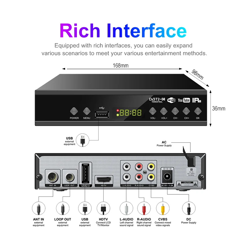 DVB-T2 Digital Smart Set-Top Box 1080P HD DVB T2 FTA TV Receiver H264 Wifi Receiver Multi-language Support STB