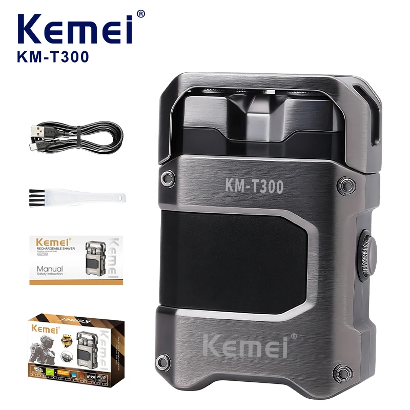 Rasoir électrique pour hommes KEMEI Km-T300, batterie de 600 mAh, 3000 tr/min, double lame, étanchéité IPX6, design robot frais, mini-tondeuse à barbe, vente en gros, certifié CE
