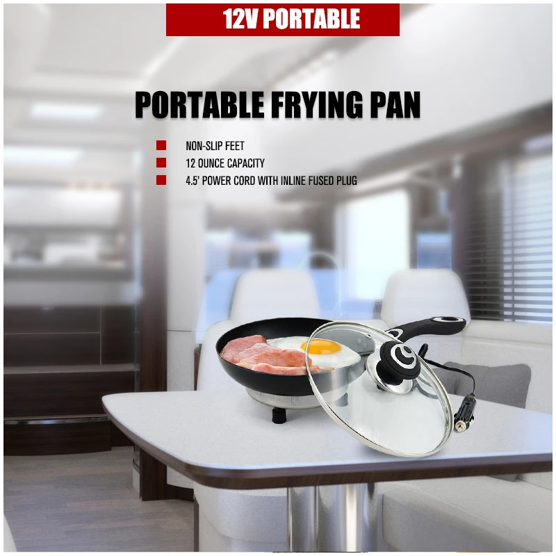 RoadPro 12V Power Supply Portable, Travel Frying Pan with Non-Stick Surface