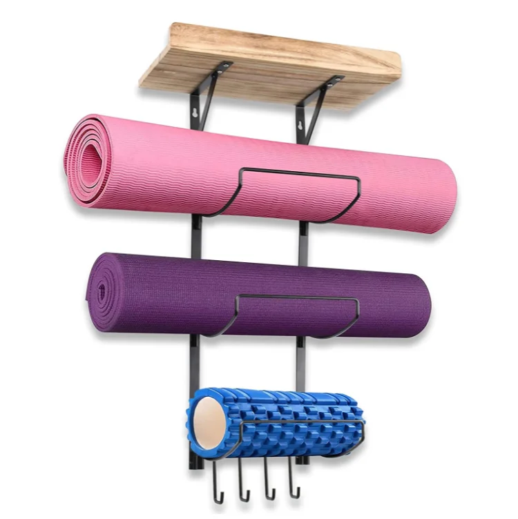 new design wall mount  yoga mat holder home gym organizer foam roller rack with hooks