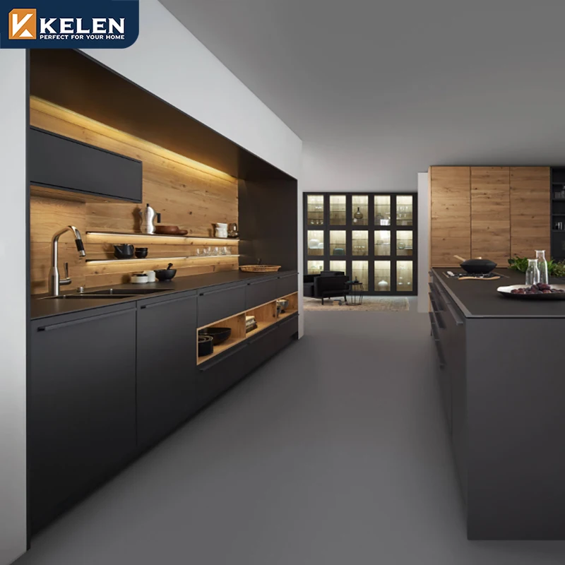 Kelen Custom Modern Style Modular Kitchen Pvc China Supplier Matt Grey Black Lacquer