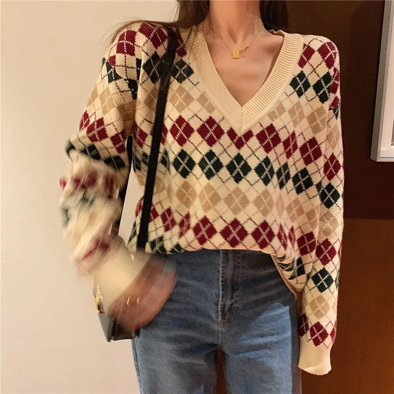 Retro Lozenge Checked Sweater Loose 