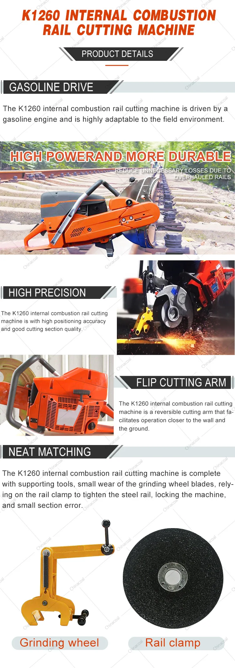 K1260 Portable Abrasive Rail Saw Gasoline Rail Cutter For Sale