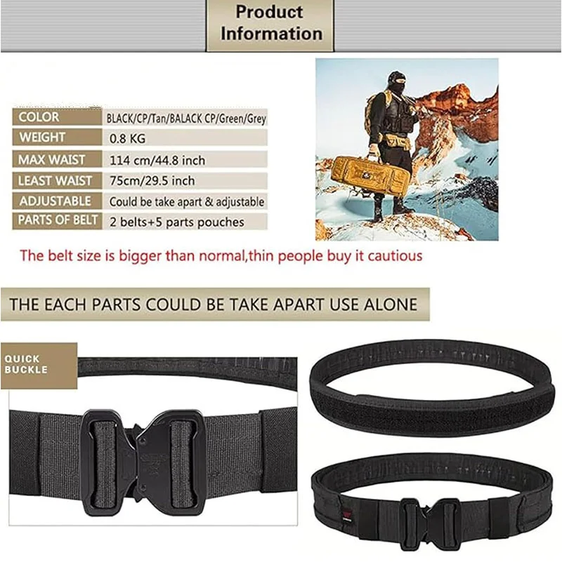 Premium Durable Tactical Belt with Quick Release Accessory Pouches Detachable and Adjustable Duty Belt with Heavy-duty Buckle